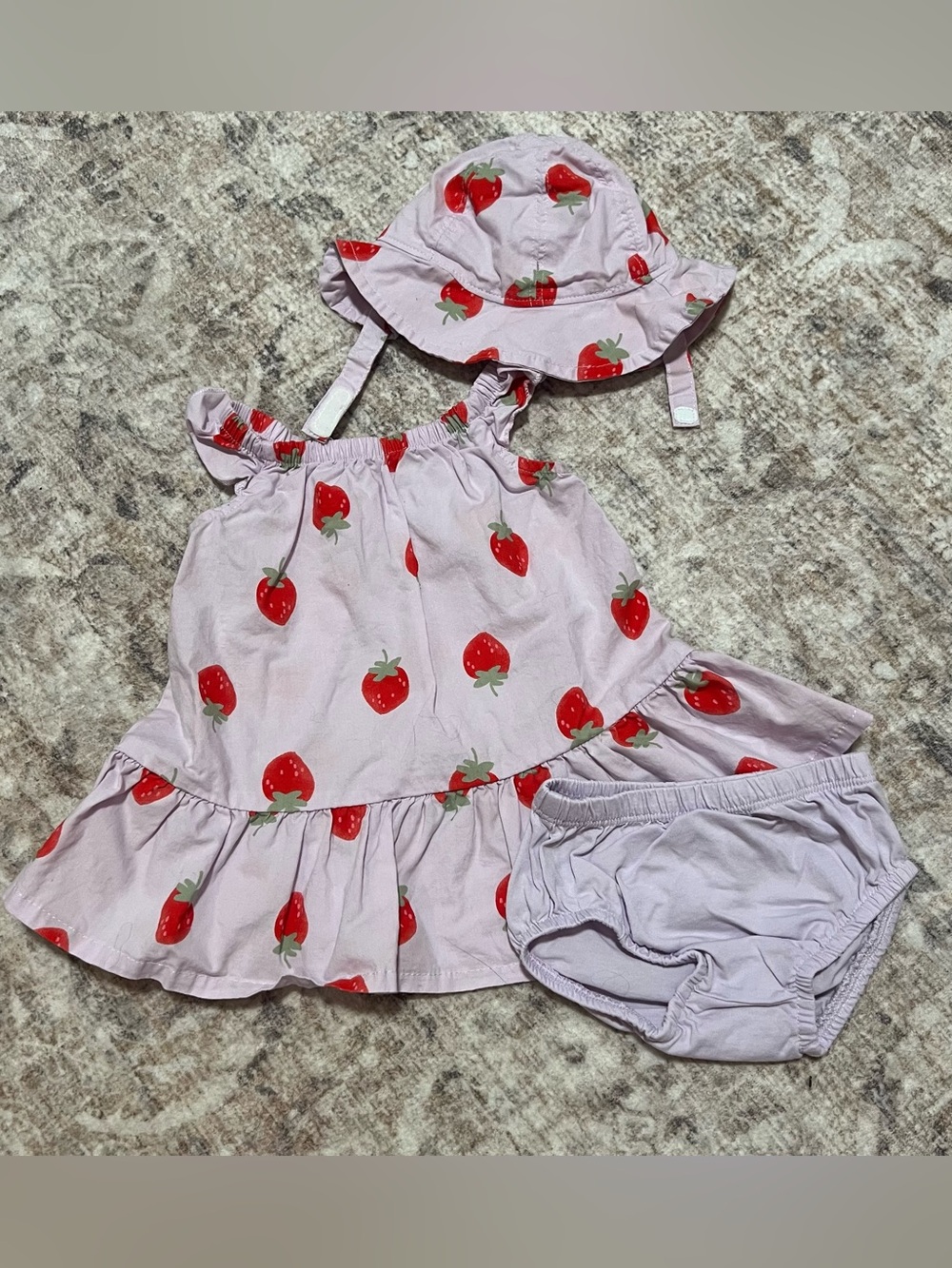 Strawberry Print Pink Girls' Dress Set with Sun Hat